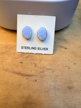 Sterling Silver &Cornflower Blue Opal Oval Stud Earrings